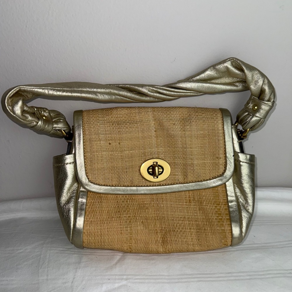 Coach Gold Straw Turnlock Flap Shoulder Bag Purse Y2K Party Event